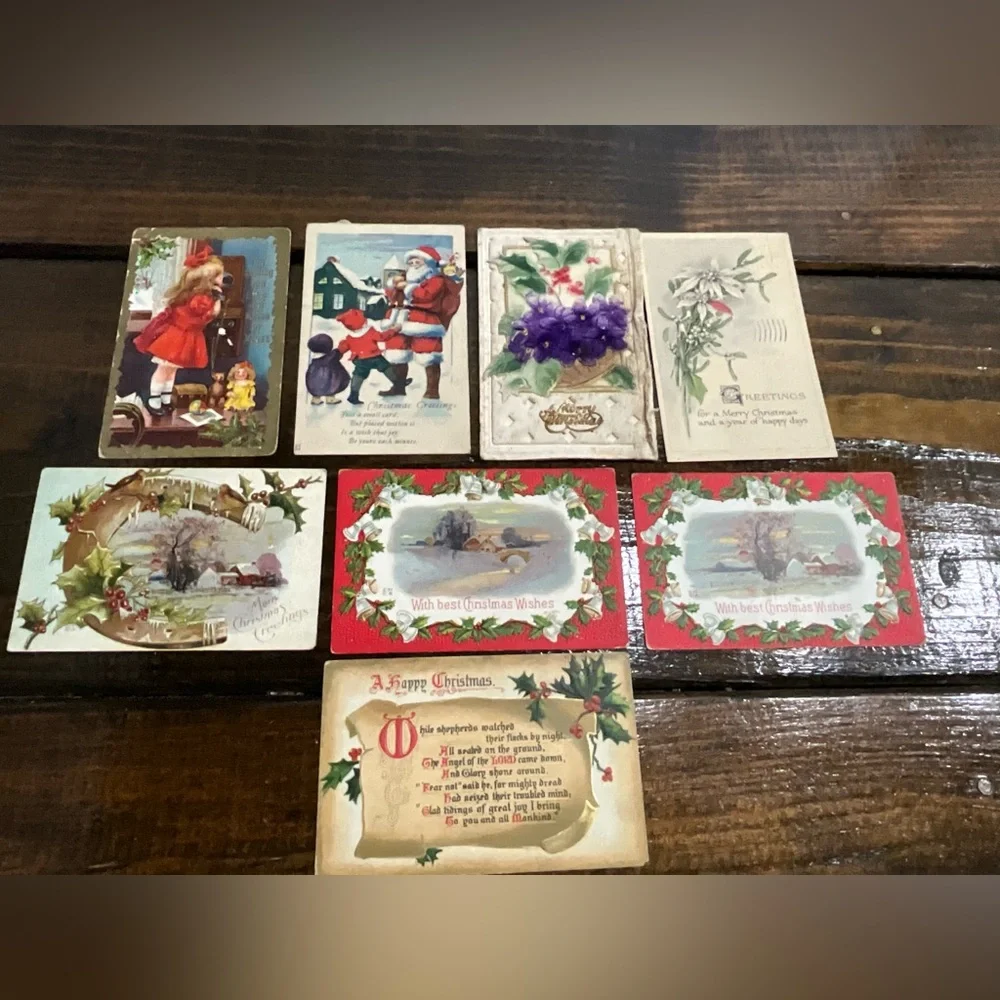 Antique Lot of 8 Christmas Holiday Postcards Santa Flowers Scrapbooking